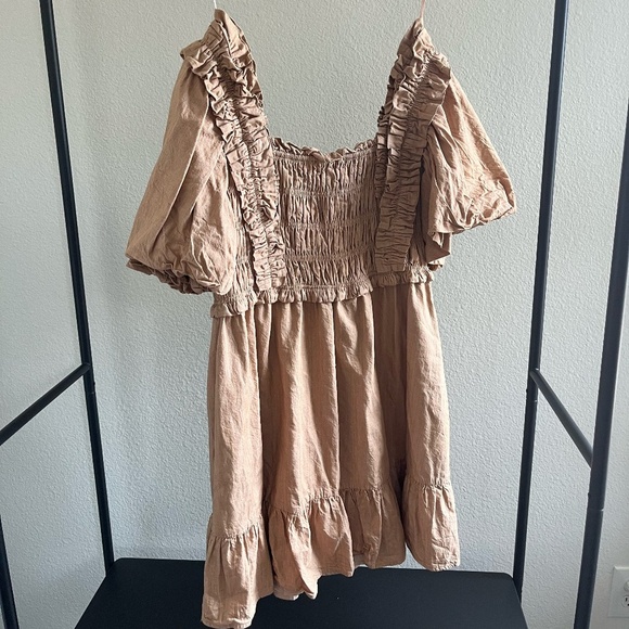 ENGLISH FACTORY | Fall Ruffle Square Neck Mini Dress in Tan | Size Small - Picture 3 of 10